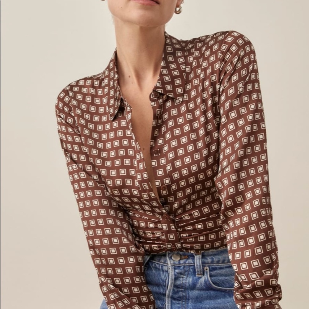 Reformation Brown and White Patterned Blouse